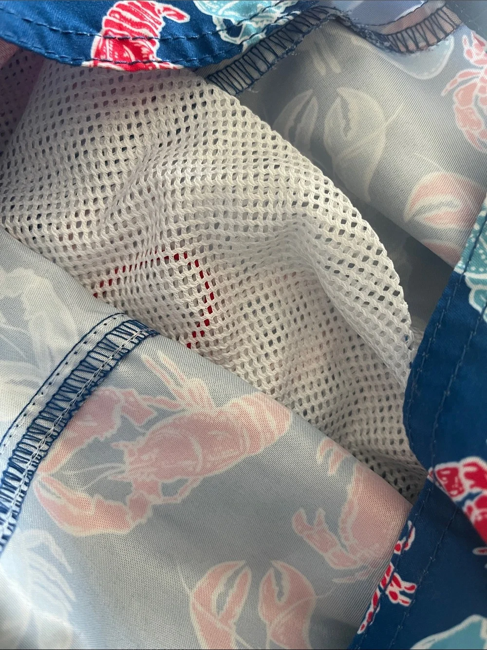Newport Navy Swim Board Shorts with Red & Light Blue Lobster Print